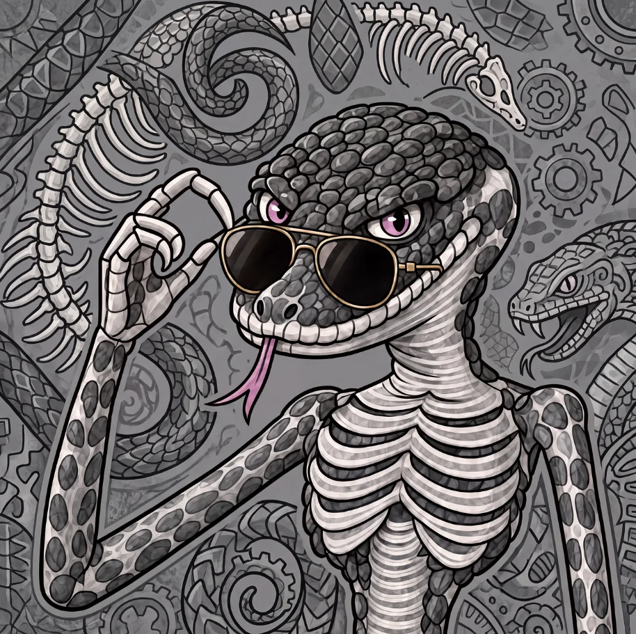 Skelly header — snake skeleton wearing sunglasses