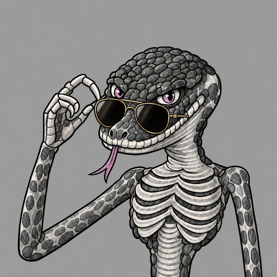 Skelly profile picture — snake skeleton wearing gold aviator sunglasses